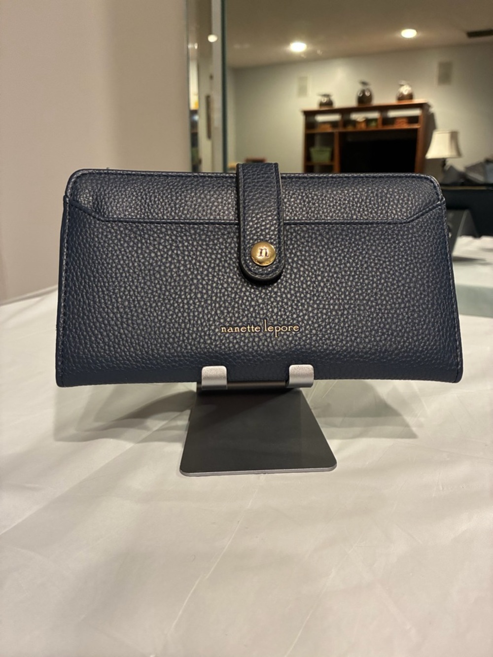 Nanette Lepore Navy Blue Pebbled Leather Bifold Wallet with Gold Hardware - Picture 11 of 12
